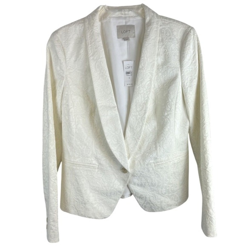 LOFT Ann Taylor White Jacquard Shawl Collar Blazer Jacket 8 Cocktail Party 65-36 - Picture 13 of 16
